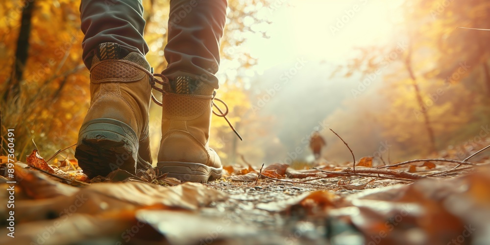 Close-up low angle photo of a woman's hiking boots as she hikes on a nature trail, with a backpack and walking poles. Stock photo with space for text. Hiking and outdoor adventure concept. Close-up low angle photo of a woman's hiking boots as she hikes on a nature trail, with a backpack and walking poles. Stock photo with space for text. Hiking and outdoor adventure concept.