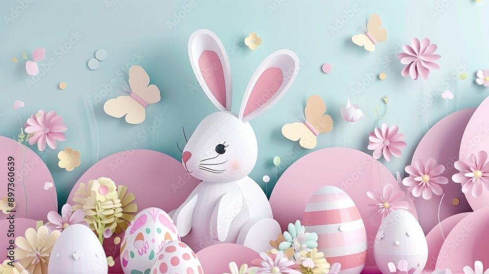 Cute rabbit with pastel Easter eggs in paper art, wishing you a Happy Easter! Cute rabbit with pastel Easter eggs in paper art, wishing you a Happy Easter!