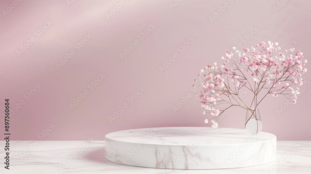 mauve pastel background, white marble showcase platform, professional photo, flat lighting mauve pastel background, white marble showcase platform, professional photo, flat lighting
