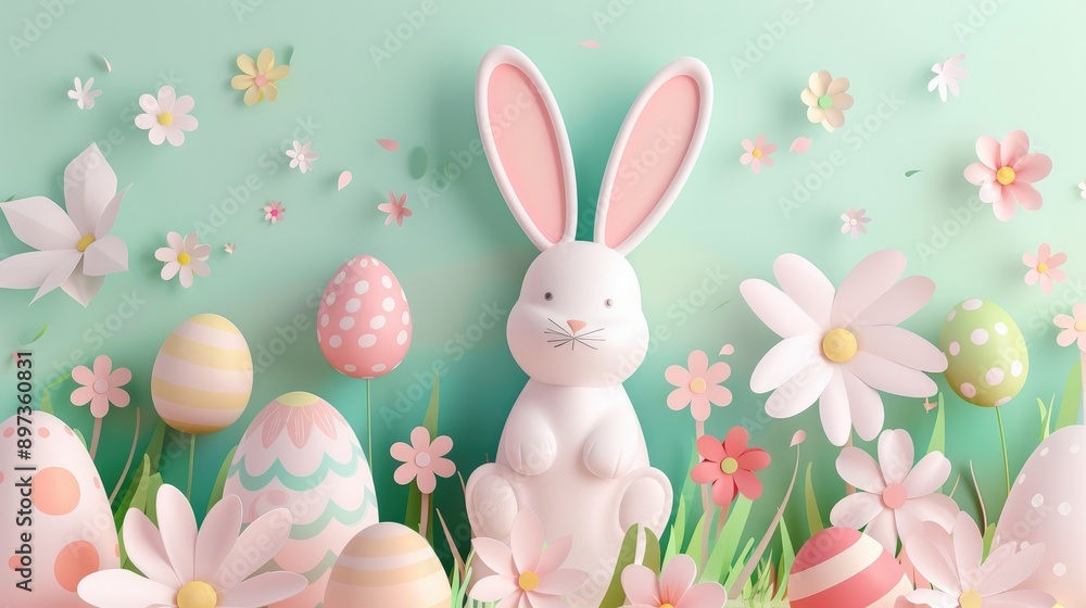 Cute rabbit with pastel-colored Easter eggs in paper art, wishing you a Happy Easter Cute rabbit with pastel-colored Easter eggs in paper art, wishing you a Happy Easter