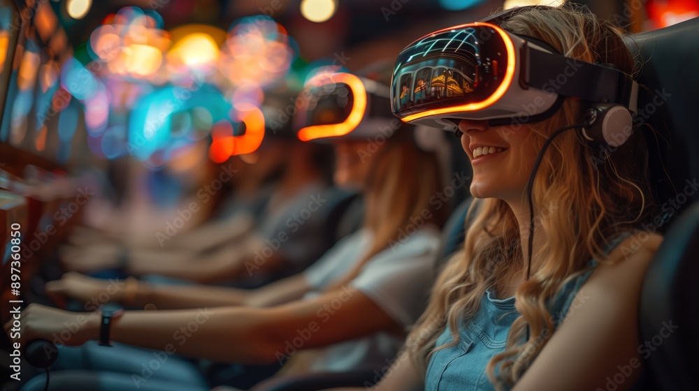 A family smiles while wearing VR headsets in a brightly lit arcade. A family smiles while wearing VR headsets in a brightly lit arcade.