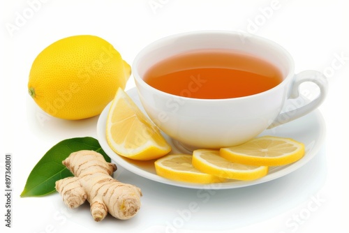 A cup of lemon ginger tea served with fresh lemon slices and ginger root on a white background. Perfect for health and wellness themes.