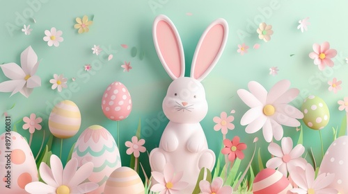 Cute rabbit with pastel-colored Easter eggs in paper art, wishing you a Happy Easter