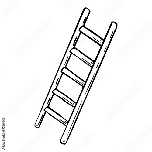Extension ladder hand drawn in doodle style. Portable tool with steps for climbing to the top. Vector line art illustration.