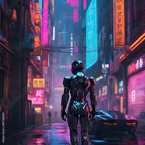 Night view Futuristic City with robots roaming around, Cyberpunk, Sci-Fi, Neon Skyline, futuristic city