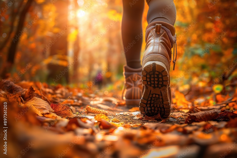 Close-up low angle photo of a woman's hiking boots as she hikes on a nature trail, with a backpack and walking poles. Stock photo with space for text. Hiking and outdoor adventure concept. Close-up low angle photo of a woman's hiking boots as she hikes on a nature trail, with a backpack and walking poles. Stock photo with space for text. Hiking and outdoor adventure concept.