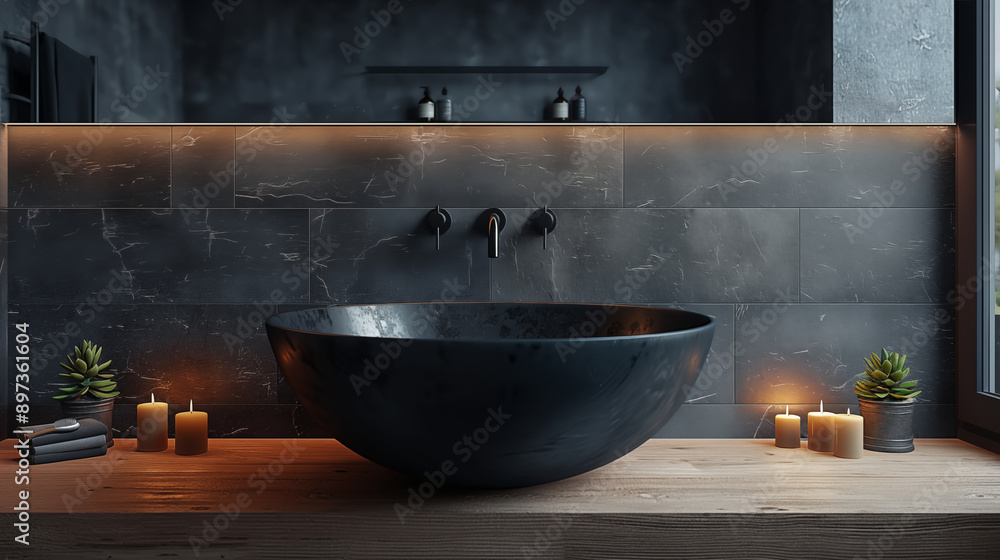 Luxurious black marble bathroom with modern vessel sink, ambient lighting, and minimalist design. Concept of elegance, relaxation, and contemporary interior design. Luxurious black marble bathroom with modern vessel sink, ambient lighting, and minimalist design. Concept of elegance, relaxation, and contemporary interior design.
