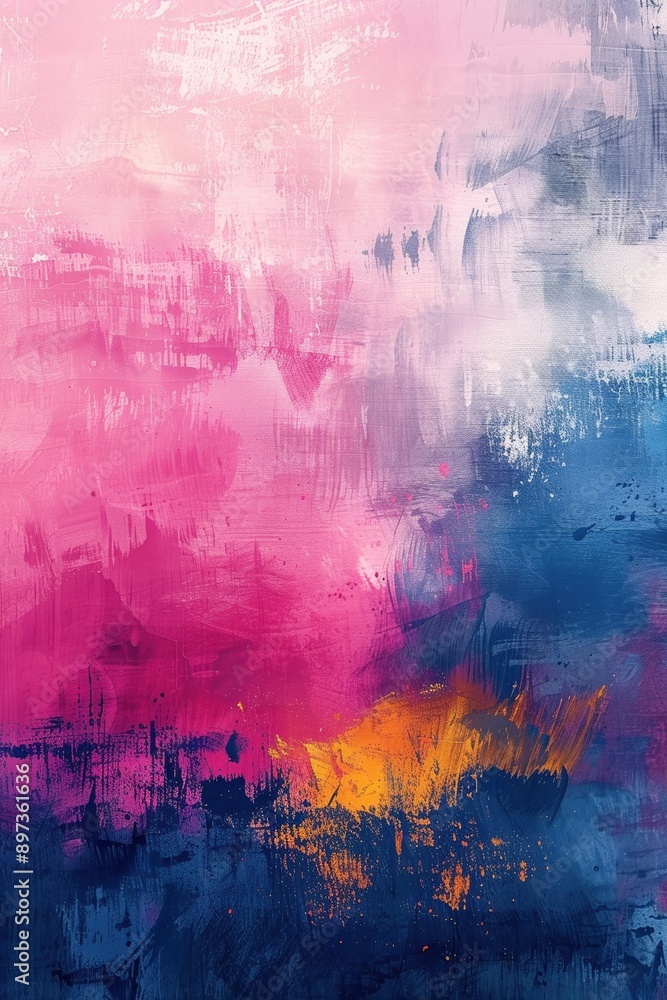 Naklejka premium Abstract painting with vibrant pink, blue, and orange hues blending together, showcasing artistic brushstrokes and dynamic color transitions.