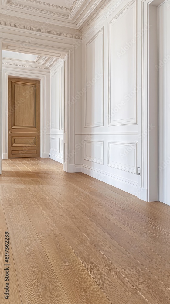 A doorway reveals a modern minimalist bedroom featuring wooden walls and a comfortable bed A doorway reveals a modern minimalist bedroom featuring wooden walls and a comfortable bed