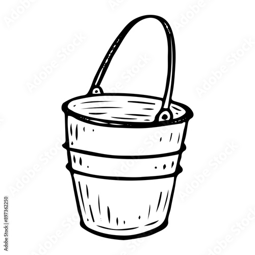 A metal bucket with a handle is hand drawn in doodle style. Garden tool for carrying water or harvesting. Vector line art illustration.