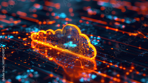 Abstract digital cloud icon with glowing lights representing data storage and network technology in a futuristic style.