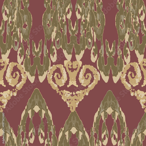 Rhombus Ikat Vector Pattern. Ogee Geometric Print. Watercolor Batik Seamless Design. Vibrant Carpet Rug Chevron Motif.  Gold, Green, and Red Wet Vintage Tie Dye Ornament. Abstract Ethnic Kilim.