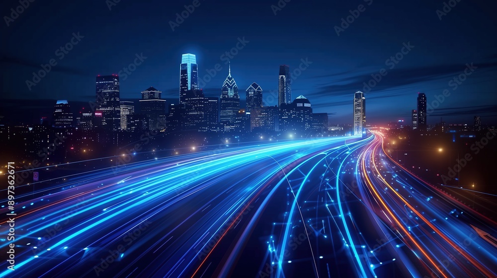 Digital Transformation of a Smart City: Band Lights Over Modern Urban Cityscape at Night with Fast Internet Communication and Fiber Optics Technology Digital Transformation of a Smart City: Band Lights Over Modern Urban Cityscape at Night with Fast Internet Communication and Fiber Optics Technology