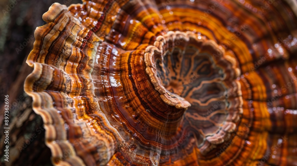 close-up of intricate patterns on amber-hued turkey tail mushroom, highlighting its unique structure and rich color in detailed nature photography close-up of intricate patterns on amber-hued turkey tail mushroom, highlighting its unique structure and rich color in detailed nature photography