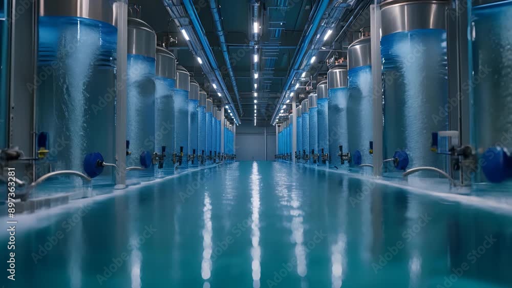 Industrial water treatment tanks purify water in a plant, showcasing clean technology for environmental protection Industrial water treatment tanks purify water in a plant, showcasing clean technology for environmental protection
