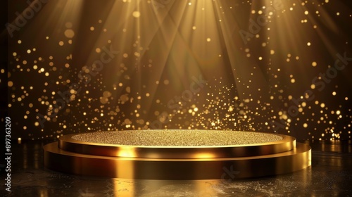 Golden podium with glittering lights on dark background, award ceremony concept