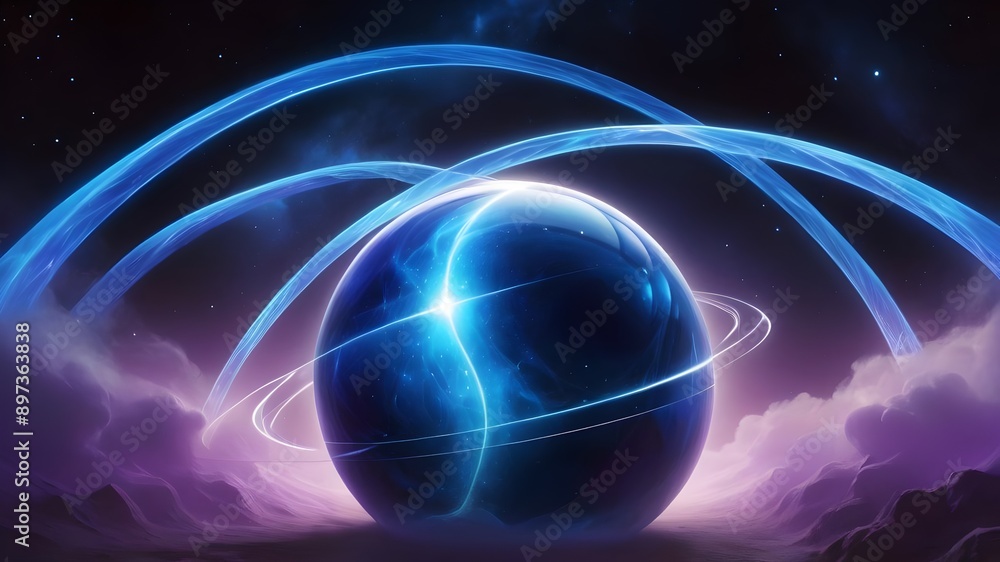 Enchanting blue curves and central node with a signaling orb in a cosmic backdrop Enchanting blue curves and central node with a signaling orb in a cosmic backdrop
