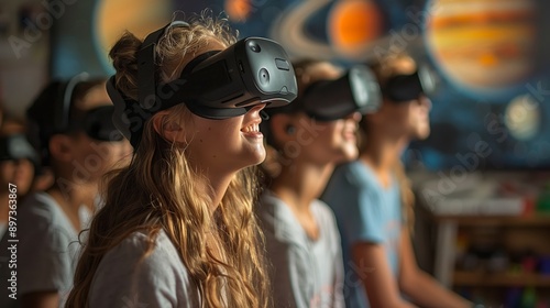 A group of students in a classroom setting use VR headsets to explore a virtual world, with one student smiling at the experience.