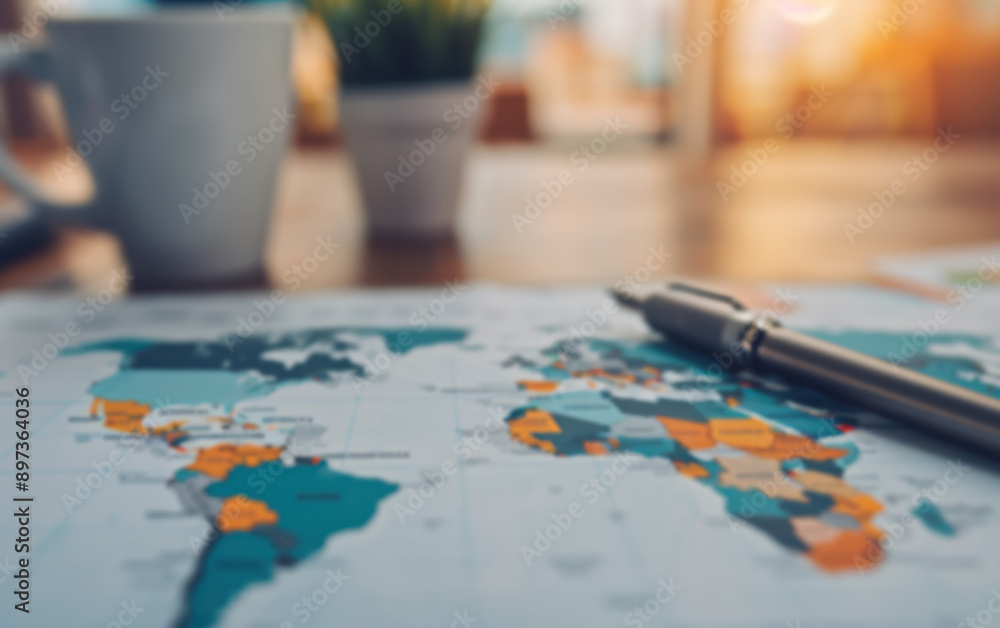 Close-up of a world map on a desk with a pen and coffee cup blurred in the background, capturing a sense of travel and exploration planning. Close-up of a world map on a desk with a pen and coffee cup blurred in the background, capturing a sense of travel and exploration planning.