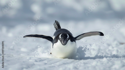Penguin is sliding on a snow