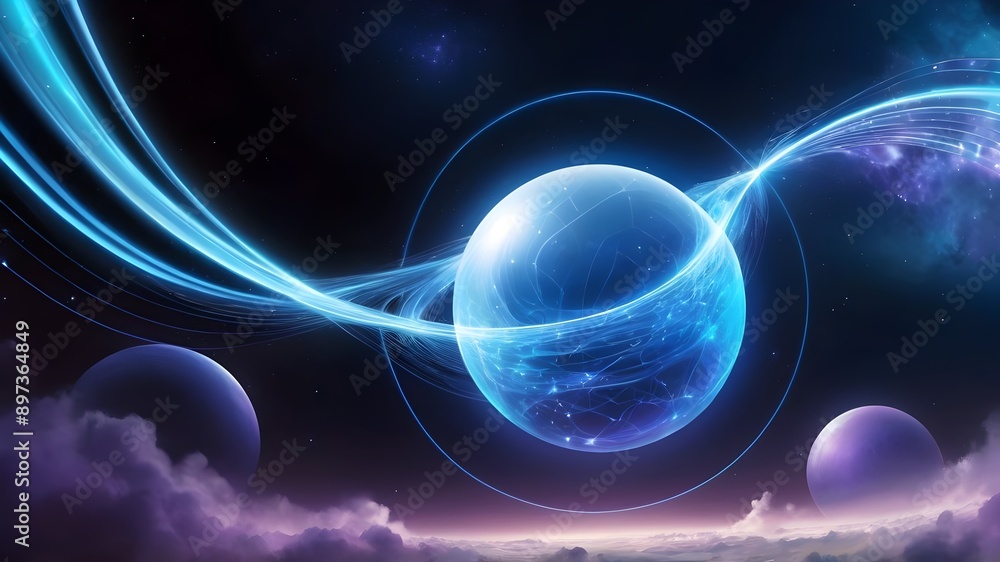 Obraz premium Celestial blue curves radiating signals through a gradient orb on a cosmic night sky