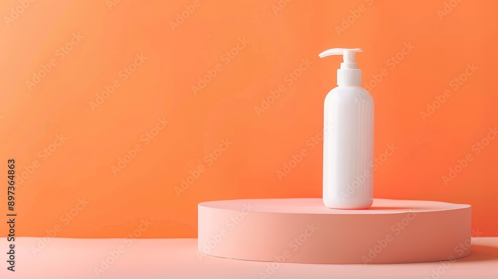 orange pastel background, white lotion bottle on a platform, professional photo, flat lighting orange pastel background, white lotion bottle on a platform, professional photo, flat lighting