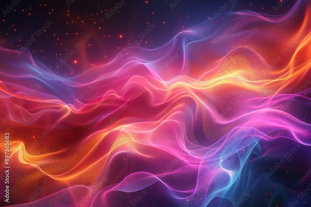 Vibrant abstract digital art with swirling, colorful waves and glowing particles, creating a mesmerizing and dynamic visual effect.