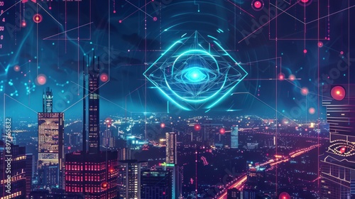 Cyberpunk Cityscape with Glowing Eye Symbol © haizah