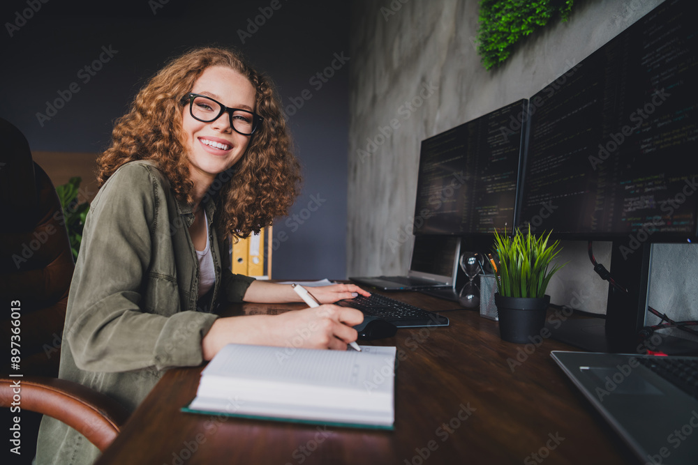 Obraz premium Photo of lovely confident successful woman agent assistant dressed shirt sitting armchair modern workstation