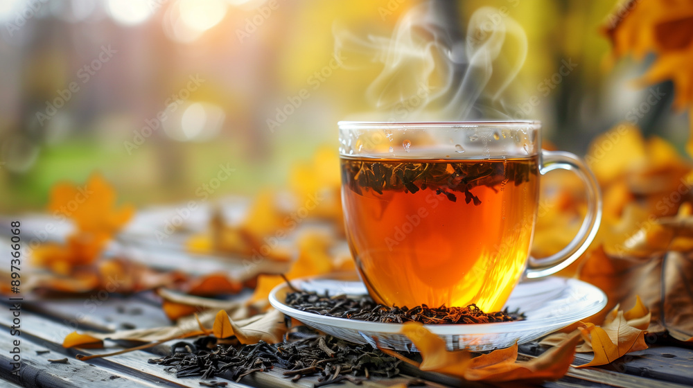 Close to warming autumn tea in a clear glass mug with autumn decorations Close to warming autumn tea in a clear glass mug with autumn decorations