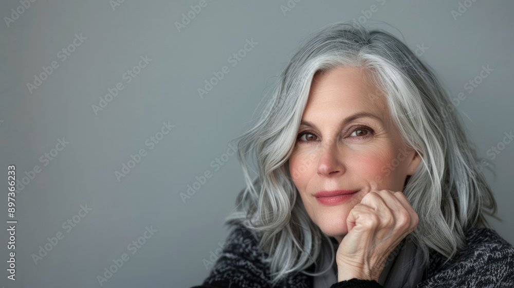 Confident mature woman with grey hair smiling gently Confident mature woman with grey hair smiling gently