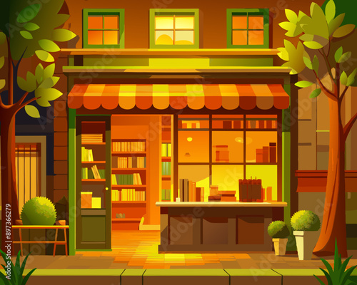 Inviting Bookstore Facade at Dusk with Warm Interior Lighting, AI Generation