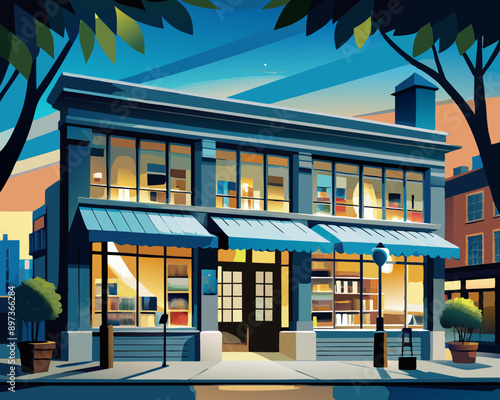 Inviting Bookstore Facade at Dusk with Warm Interior Lighting, AI Generation