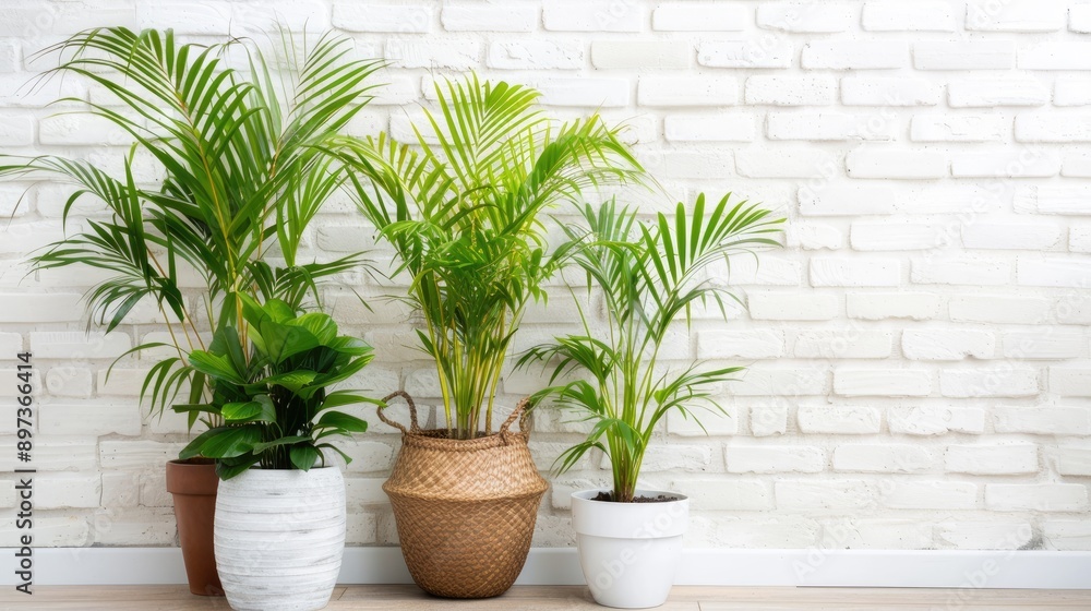 Three potted plants, one with palm leaves, another with wide green leaves, and a small one with narrow leaves, stand against a white brick wall Three potted plants, one with palm leaves, another with wide green leaves, and a small one with narrow leaves, stand against a white brick wall