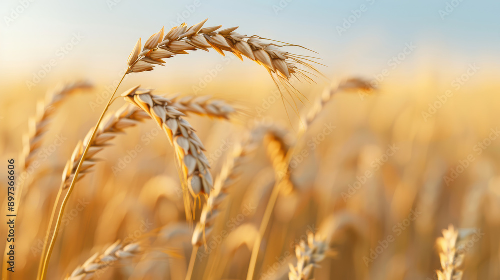 Fototapeta premium Close-up of golden wheat ears in a sunlit field against a clear blue sky. A symbol of agriculture and the harvest season, evoking warmth and abundance.