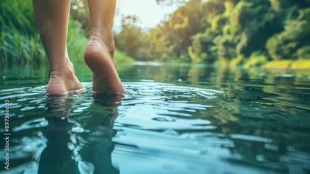 Woman's feet in water with forest background Woman's feet in water with forest background