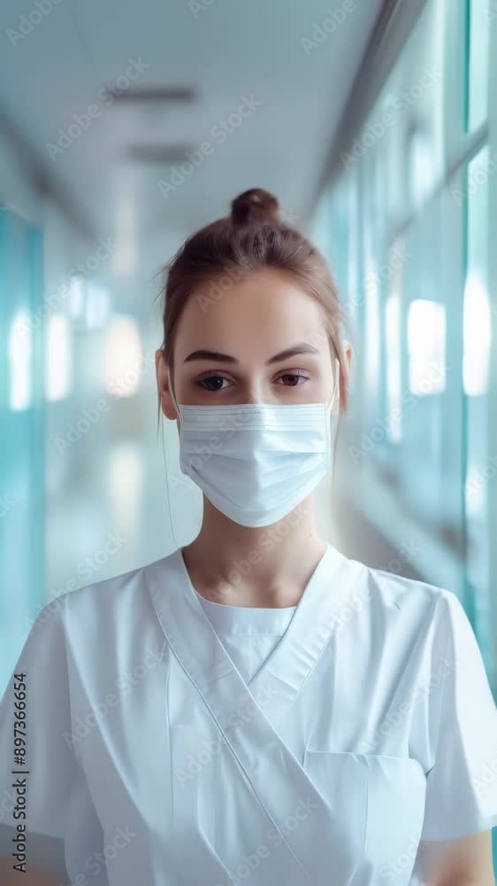 Healthcare professional wearing a face mask in a hospital corridor. Emphasizing medical safety and hygiene protocols Healthcare professional wearing a face mask in a hospital corridor. Emphasizing medical safety and hygiene protocols