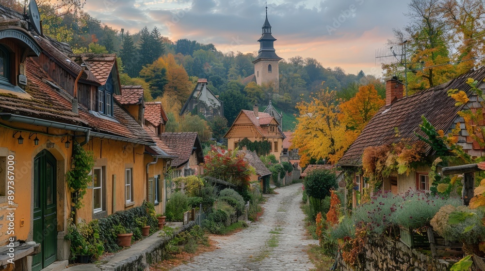 Charming Autumn Village with Church Steeple and Colorful Foliage Charming Autumn Village with Church Steeple and Colorful Foliage