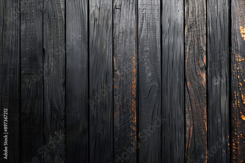 Texture of dark charred wooden boards with a rustic, weathered appearance, showcasing natural patterns and details in a vertical alignment. photo