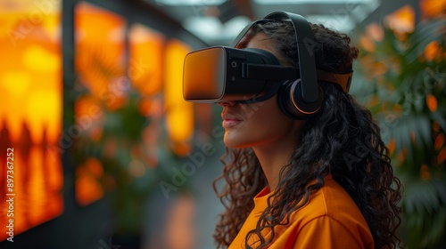 Woman with long hair in VR headset trains in modern office with greenery visible