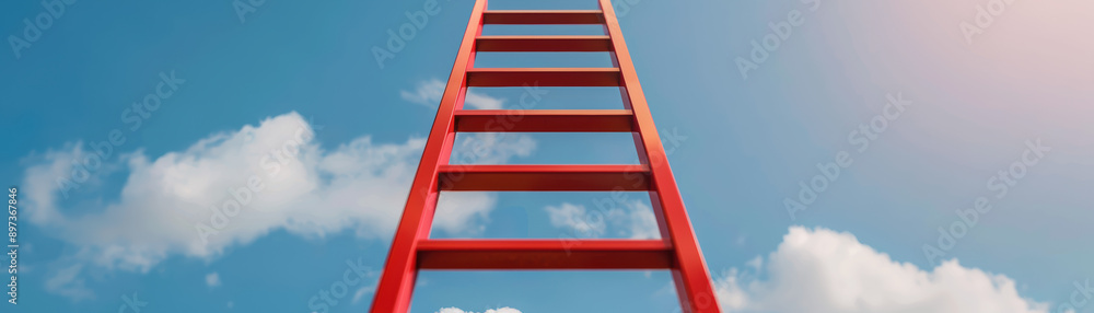 Red ladder extending upwards into a blue sky with fluffy clouds, symbolizing growth, ambition, and reaching new heights. Red ladder extending upwards into a blue sky with fluffy clouds, symbolizing growth, ambition, and reaching new heights.