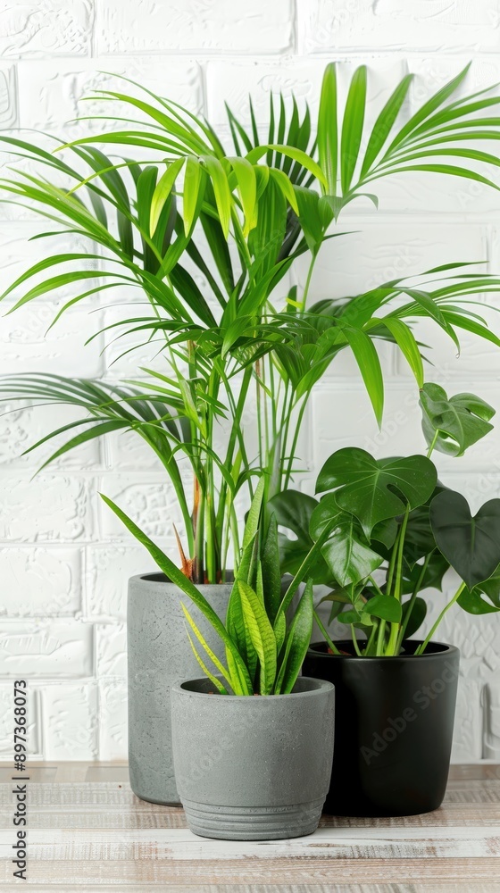 Fototapeta premium Three potted plants, one with palm leaves, another with wide green leaves, and a small one with narrow leaves, stand against a white brick wall