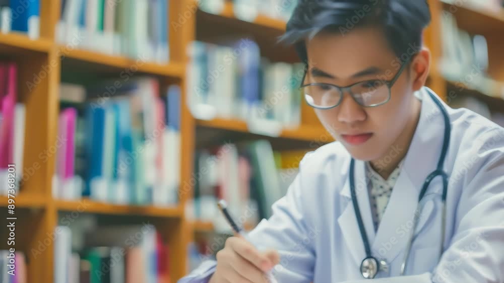 Young medical student in a white coat studying in a library. Focus on education and dedication to healthcare. Ideal for medical and educational themes Young medical student in a white coat studying in a library. Focus on education and dedication to healthcare. Ideal for medical and educational themes