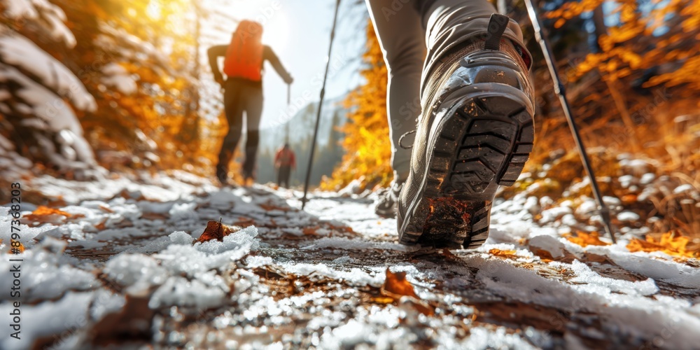 Close-up low angle photo of a man's hiking boots as he hikes on a snow-covered nature trail, with a backpack and walking poles. Stock photo with space for text. Hiking and outdoor adventure concept. Close-up low angle photo of a man's hiking boots as he hikes on a snow-covered nature trail, with a backpack and walking poles. Stock photo with space for text. Hiking and outdoor adventure concept.