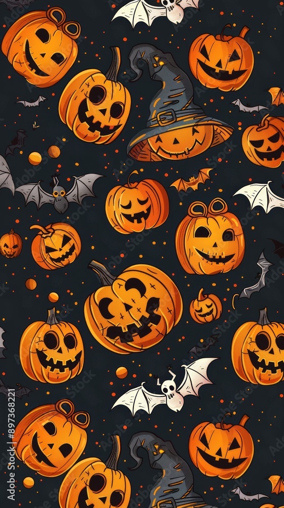 Halloween pattern with pumpkins, ghosts, bats and witch hats Halloween pattern with pumpkins, ghosts, bats and witch hats