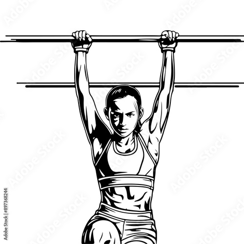 A young female athlete pulls up on the crossbar. Vector contour black line sketch about workout