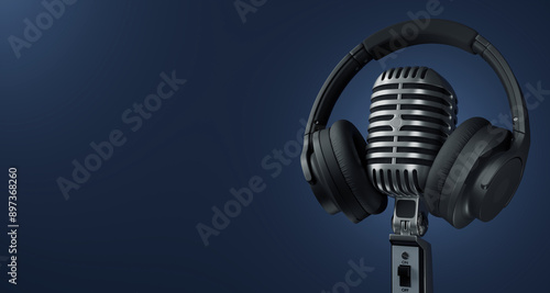 Concept on air. Microphone and headphones. Live on air radio podcast studio microphone. Professional microphone and headphones at the radio station, entertainment and communication concept. 3d render