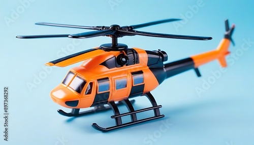 plastic helicopter chopper model toy. Aircraft transport and travel, child aviation flight play on isolated pastel blue background created with generative ai © Chaudhry