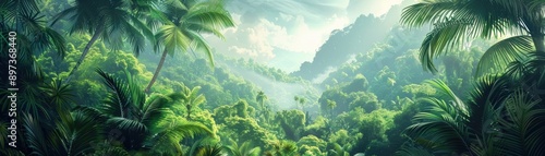 Lush tropical rainforest with dense foliage, towering palm trees, and misty mountains in the background, bathed in soft sunlight, creating a tranquil atmosphere.