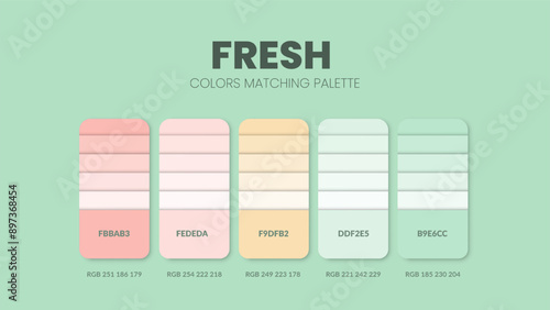 Color palette guide in Fresh colour theme collections. Color inspiration or chart with codes template. Color combination RGB. Colors swatches for graphic design, art, fashion, web or painting. Vector.